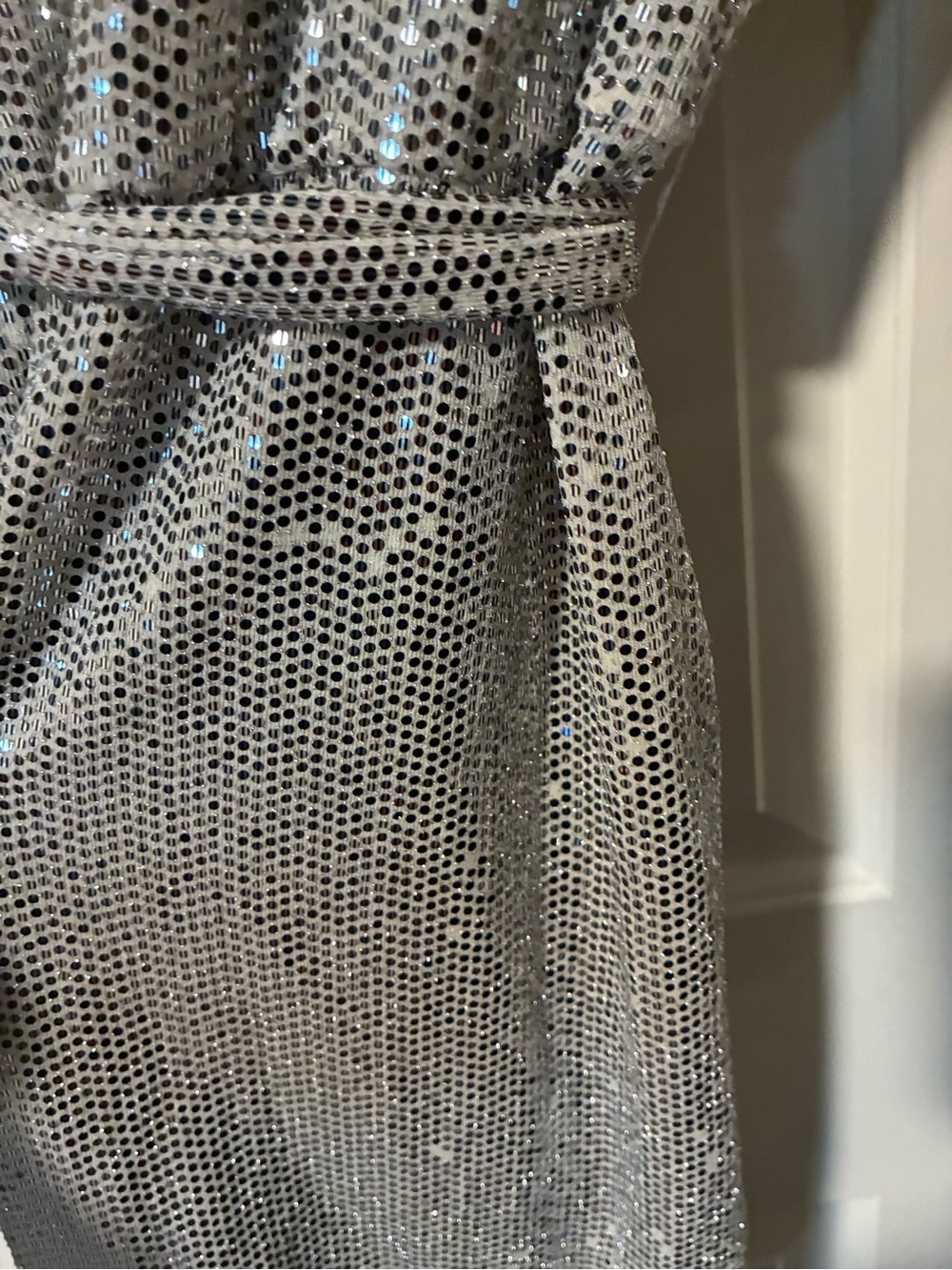 Women's Silver Sequin Wrap Dress with Waist Tie - Long Sleeve - Picture 3 of 3